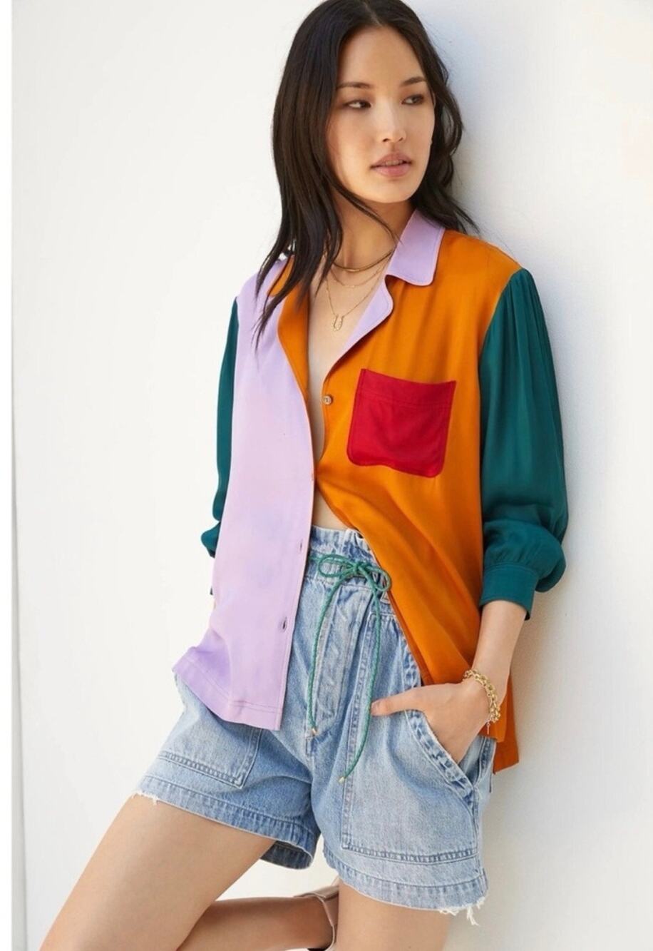 NWOT FARM Rio Anthropologie Puff Sleeve Colorblock Button Down Blouse Size Small